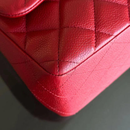 Caviar Jumbo Double Flap Classic Flap Quilted Calfskin Red SHW No 19