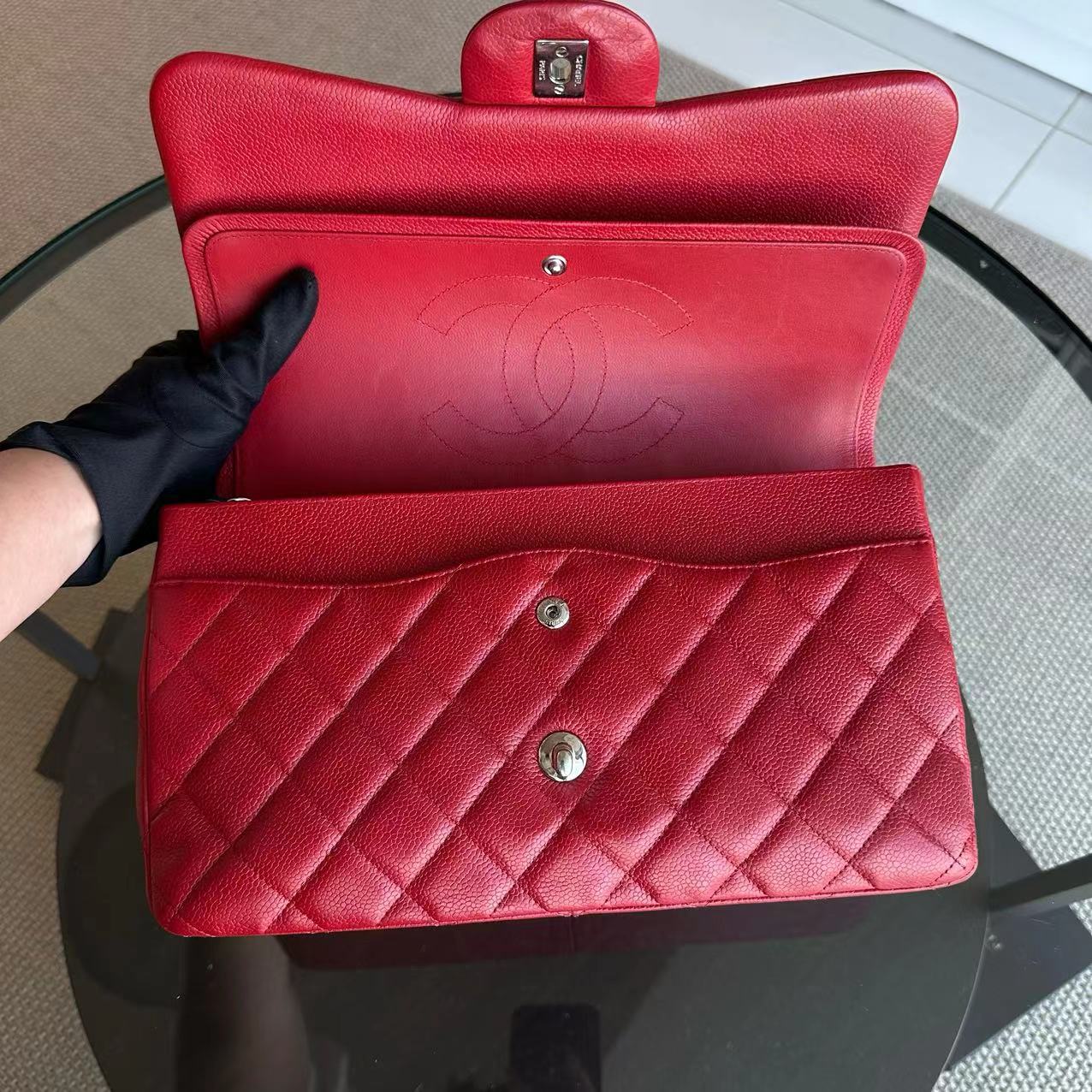 Caviar Jumbo Double Flap Classic Flap Quilted Calfskin Red SHW No 19