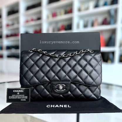 Chanel Classic Flap Jumbo - Caviar Double Flap Quilted Grained Calfskin Black Silver Hardware Series 14