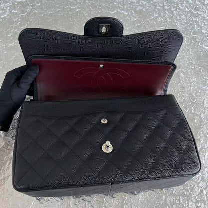 Caviar Jumbo Double Flap Classic Flap Quilted Grained Calfskin Black Silver Hardware Series 15