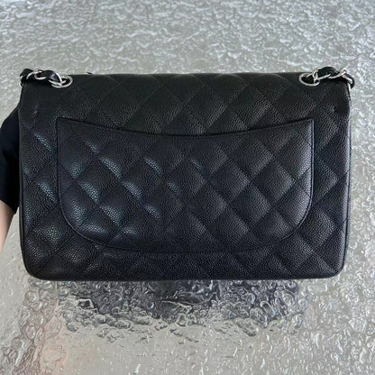 Caviar Jumbo Double Flap Classic Flap Quilted Grained Calfskin Black Silver Hardware Series 15