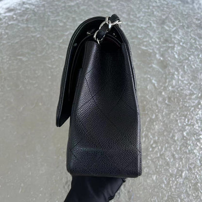 Caviar Jumbo Double Flap Classic Flap Quilted Grained Calfskin Black Silver Hardware Series 15