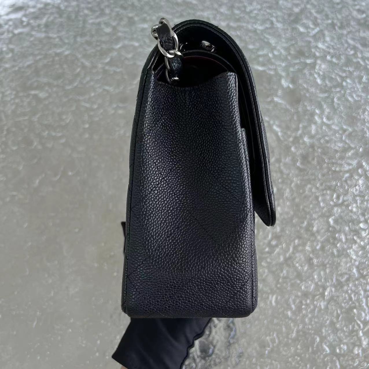 Caviar Jumbo Double Flap Classic Flap Quilted Grained Calfskin Black Silver Hardware Series 15