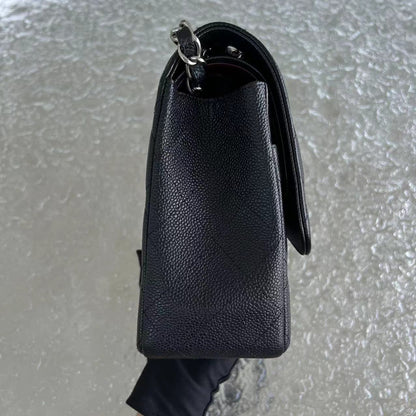 Caviar Jumbo Double Flap Classic Flap Quilted Grained Calfskin Black Silver Hardware Series 15