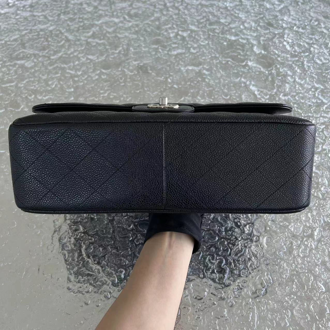 Caviar Jumbo Double Flap Classic Flap Quilted Grained Calfskin Black Silver Hardware Series 15