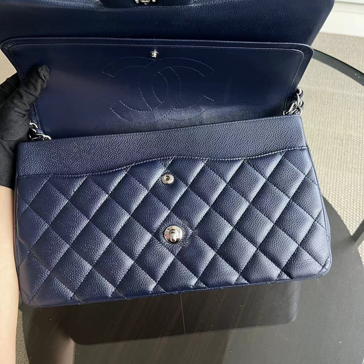 Caviar Jumbo Double Flap Classic Flap Quilted Grained Calfskin Dark Blue Silver Hardware Series 19