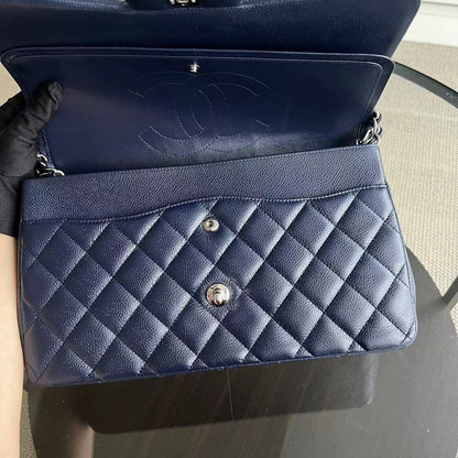 Caviar Jumbo Double Flap Classic Flap Quilted Grained Calfskin Dark Blue Silver Hardware Series 19