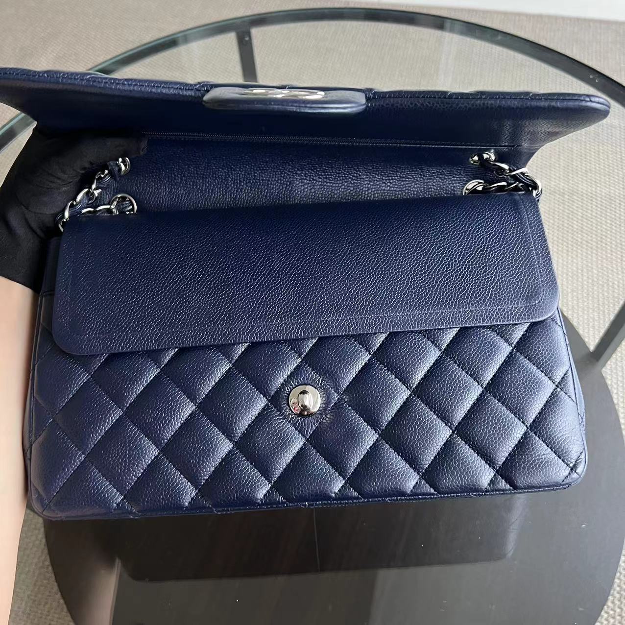 Caviar Jumbo Double Flap Classic Flap Quilted Grained Calfskin Dark Blue Silver Hardware Series 19