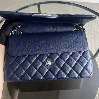 Caviar Jumbo Double Flap Classic Flap Quilted Grained Calfskin Dark Blue Silver Hardware Series 19