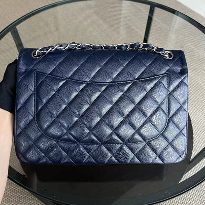Caviar Jumbo Double Flap Classic Flap Quilted Grained Calfskin Dark Blue Silver Hardware Series 19