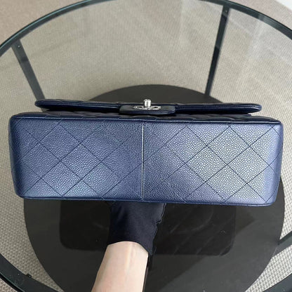 Caviar Jumbo Double Flap Classic Flap Quilted Grained Calfskin Dark Blue Silver Hardware Series 19
