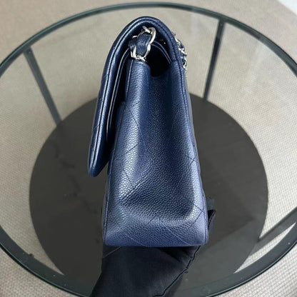 Caviar Jumbo Double Flap Classic Flap Quilted Grained Calfskin Dark Blue Silver Hardware Series 19