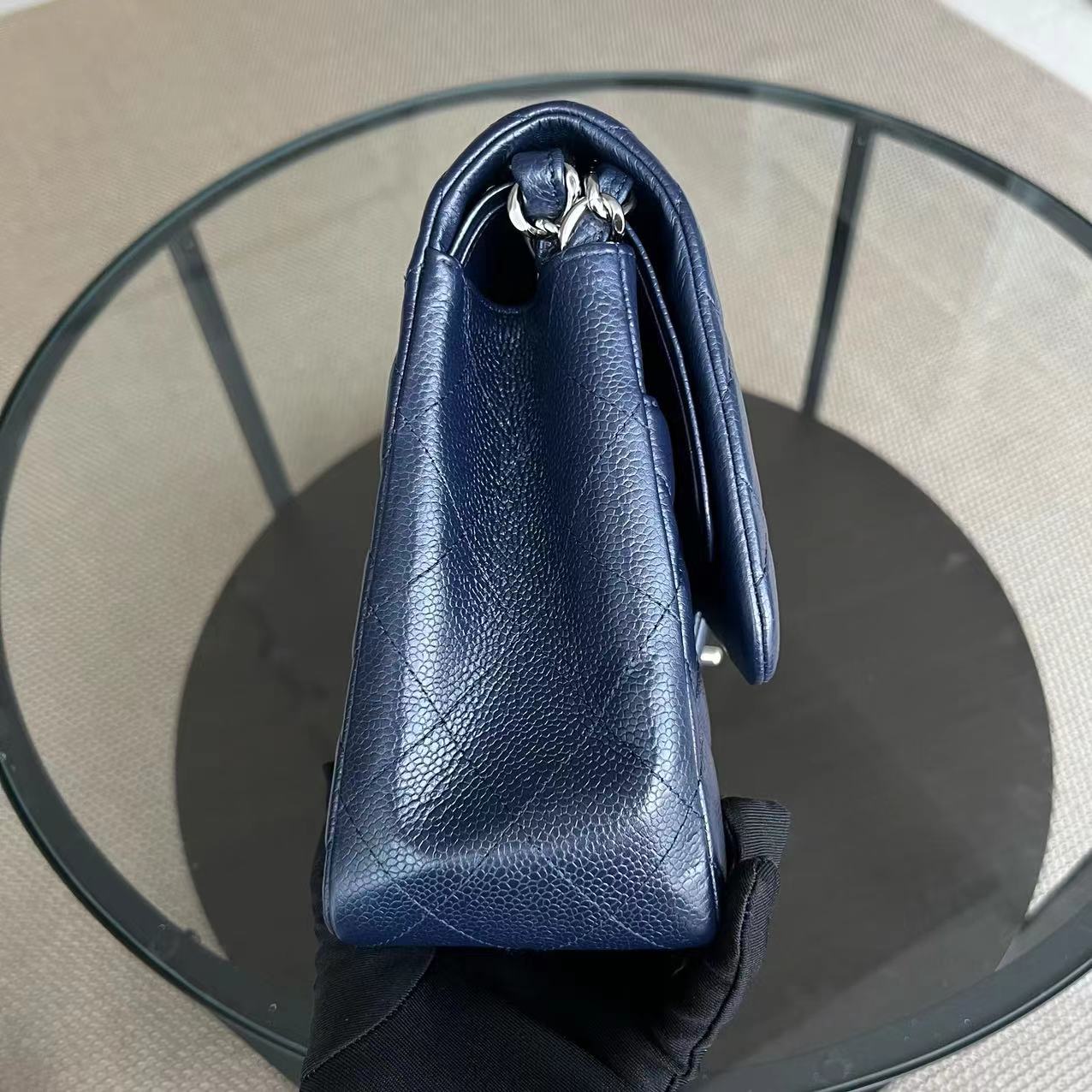 Caviar Jumbo Double Flap Classic Flap Quilted Grained Calfskin Dark Blue Silver Hardware Series 19