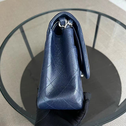 Caviar Jumbo Double Flap Classic Flap Quilted Grained Calfskin Dark Blue Silver Hardware Series 19