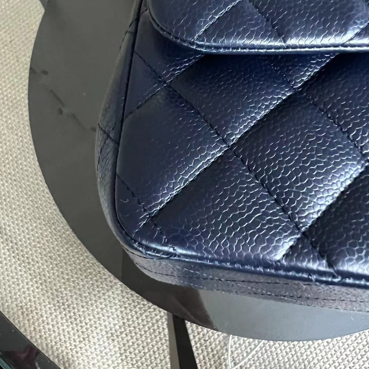 Caviar Jumbo Double Flap Classic Flap Quilted Grained Calfskin Dark Blue Silver Hardware Series 19
