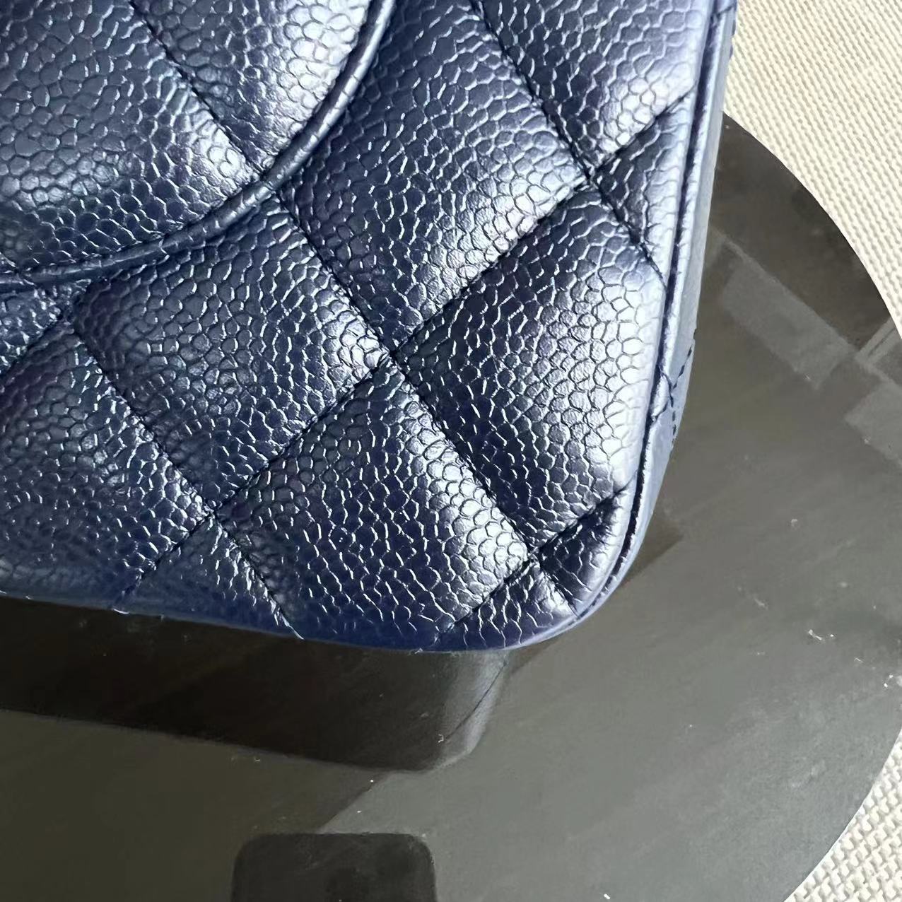 Caviar Jumbo Double Flap Classic Flap Quilted Grained Calfskin Dark Blue Silver Hardware Series 19