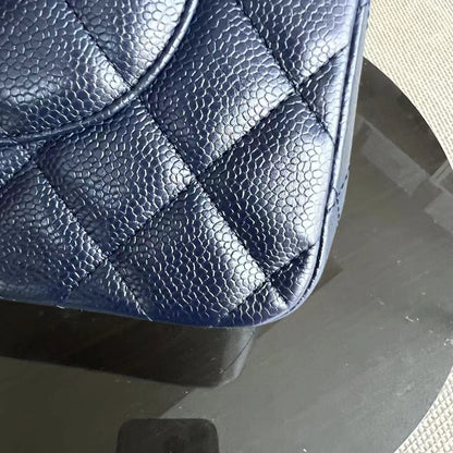 Caviar Jumbo Double Flap Classic Flap Quilted Grained Calfskin Dark Blue Silver Hardware Series 19