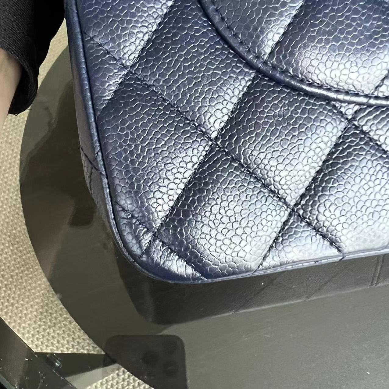 Caviar Jumbo Double Flap Classic Flap Quilted Grained Calfskin Dark Blue Silver Hardware Series 19