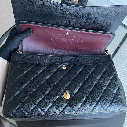 Caviar Maxi Double Flap Classic Flap 33CM Quilted Grained Calfskin Black Golden Hardware Series 14