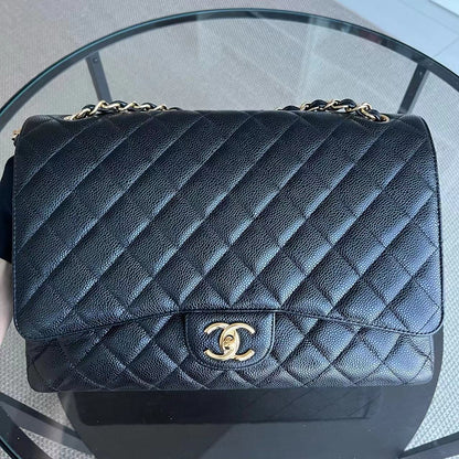Caviar Maxi Double Flap Classic Flap 33CM Quilted Grained Calfskin Black Golden Hardware Series 14