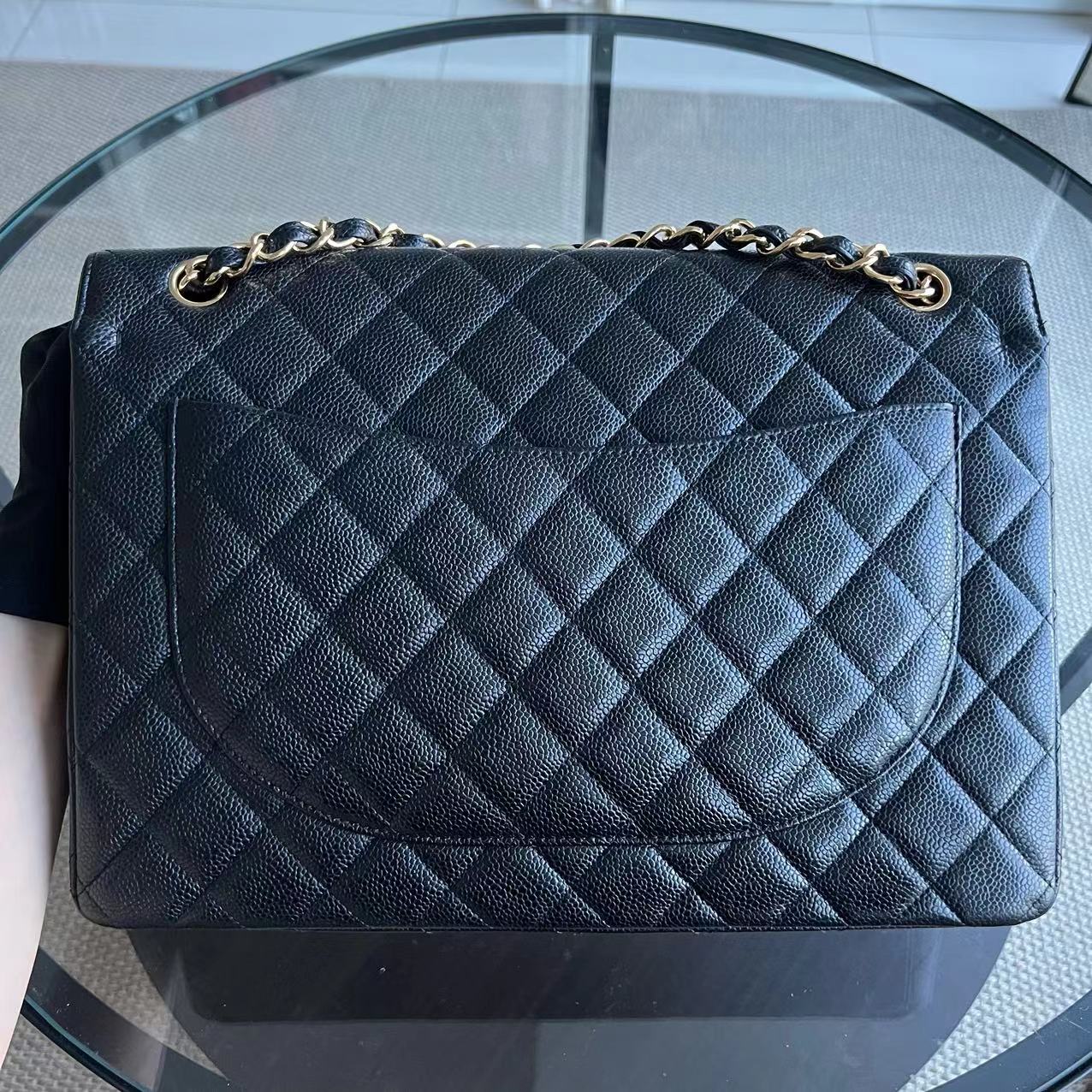 Caviar Maxi Double Flap Classic Flap 33CM Quilted Grained Calfskin Black Golden Hardware Series 14