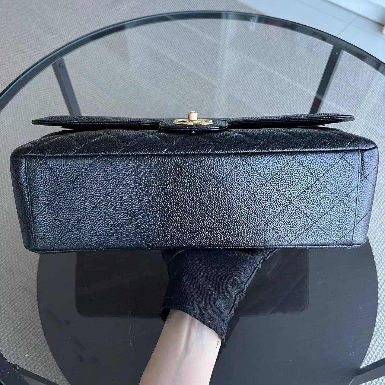 Caviar Maxi Double Flap Classic Flap 33CM Quilted Grained Calfskin Black Golden Hardware Series 14