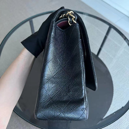 Caviar Maxi Double Flap Classic Flap 33CM Quilted Grained Calfskin Black Golden Hardware Series 14