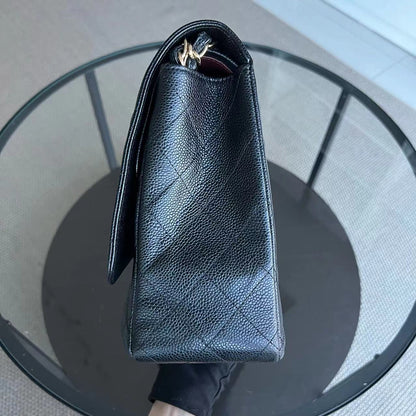 Caviar Maxi Double Flap Classic Flap 33CM Quilted Grained Calfskin Black Golden Hardware Series 14