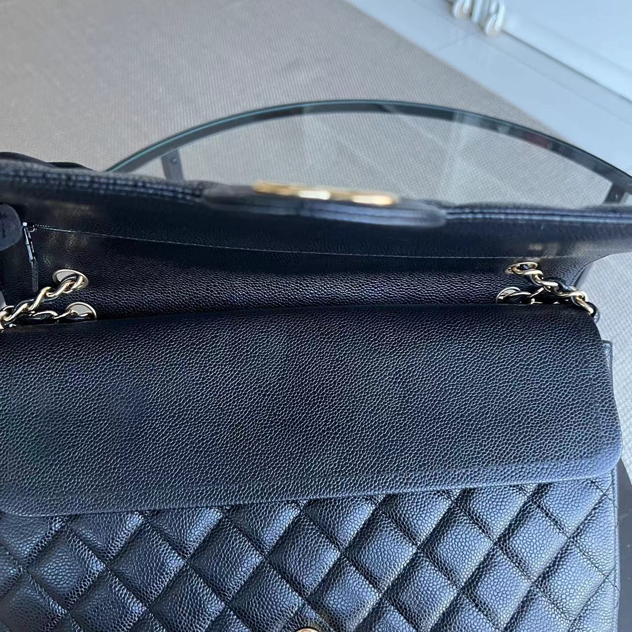 Caviar Maxi Double Flap Classic Flap 33CM Quilted Grained Calfskin Black Golden Hardware Series 14