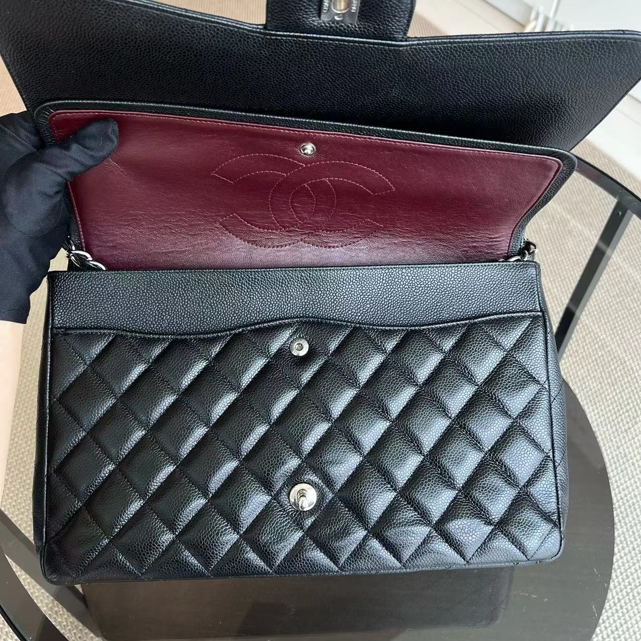 Caviar Maxi Double Flap Classic Flap 34CM Quilted Grained Calfskin Black Silver Hardware Series 14