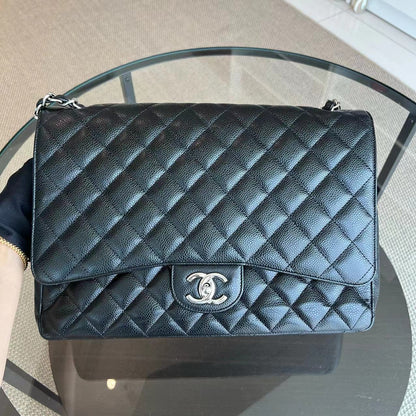 Caviar Maxi Double Flap Classic Flap 34CM Quilted Grained Calfskin Black Silver Hardware Series 14