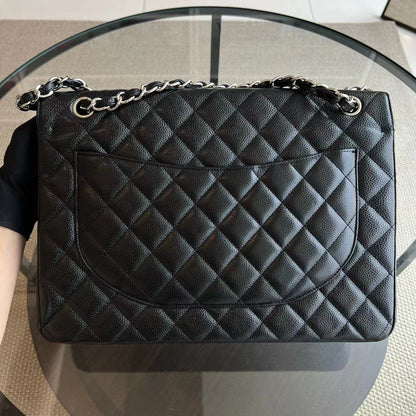 Caviar Maxi Double Flap Classic Flap 34CM Quilted Grained Calfskin Black Silver Hardware Series 14