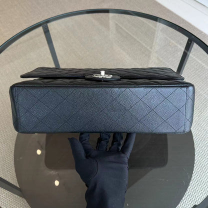 Caviar Maxi Double Flap Classic Flap 34CM Quilted Grained Calfskin Black Silver Hardware Series 14
