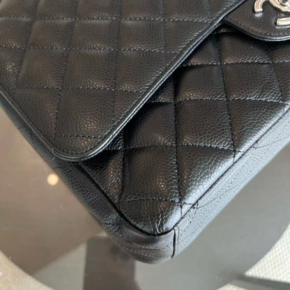Caviar Maxi Double Flap Classic Flap 34CM Quilted Grained Calfskin Black Silver Hardware Series 14
