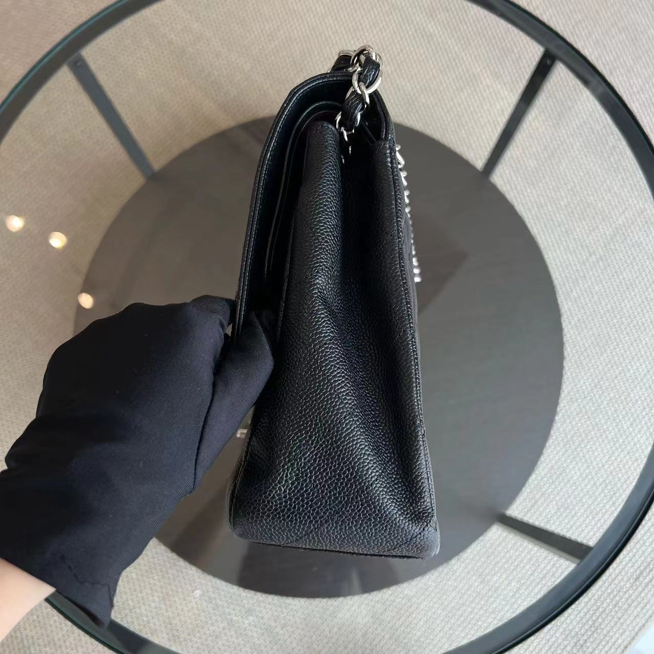 Caviar Maxi Double Flap Classic Flap 34CM Quilted Grained Calfskin Black Silver Hardware Series 14