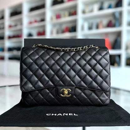 Caviar Maxi Double Flap Classic Flap Quilted Calfskin Black GHW No 14