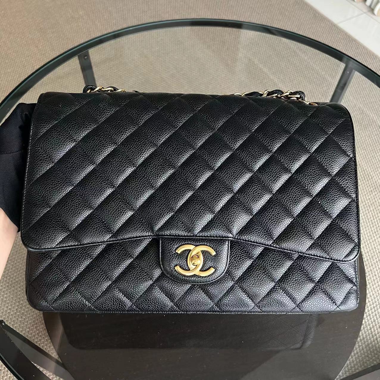 Caviar Maxi Double Flap Classic Flap Quilted Calfskin Black GHW No 14
