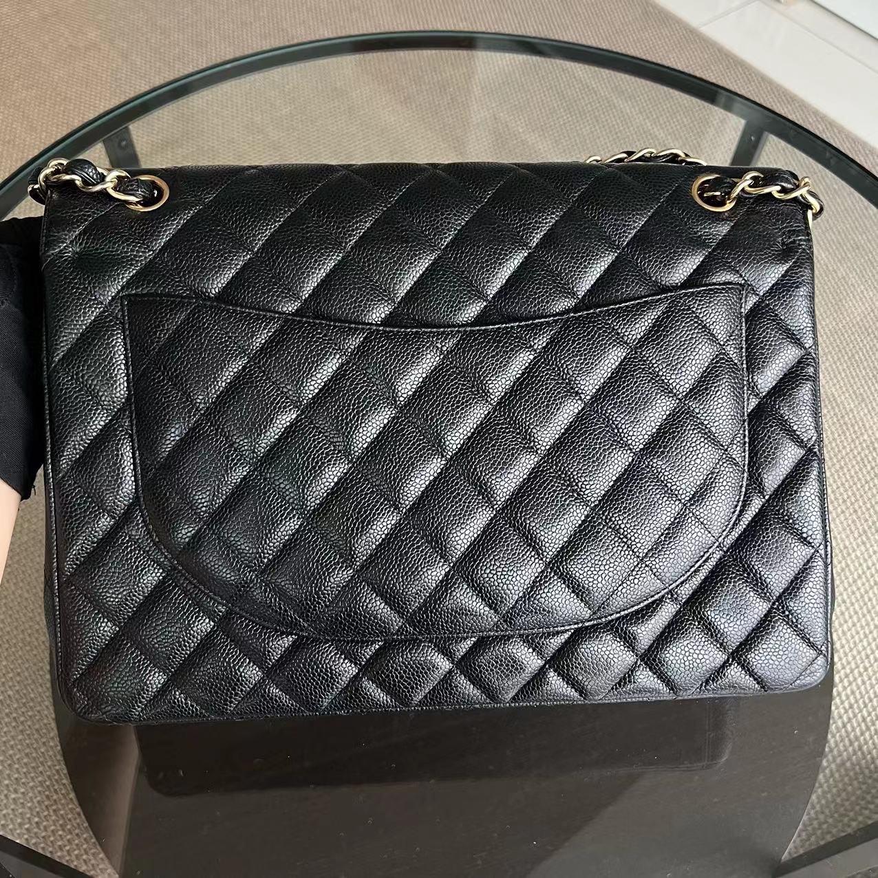 Caviar Maxi Double Flap Classic Flap Quilted Calfskin Black GHW No 14