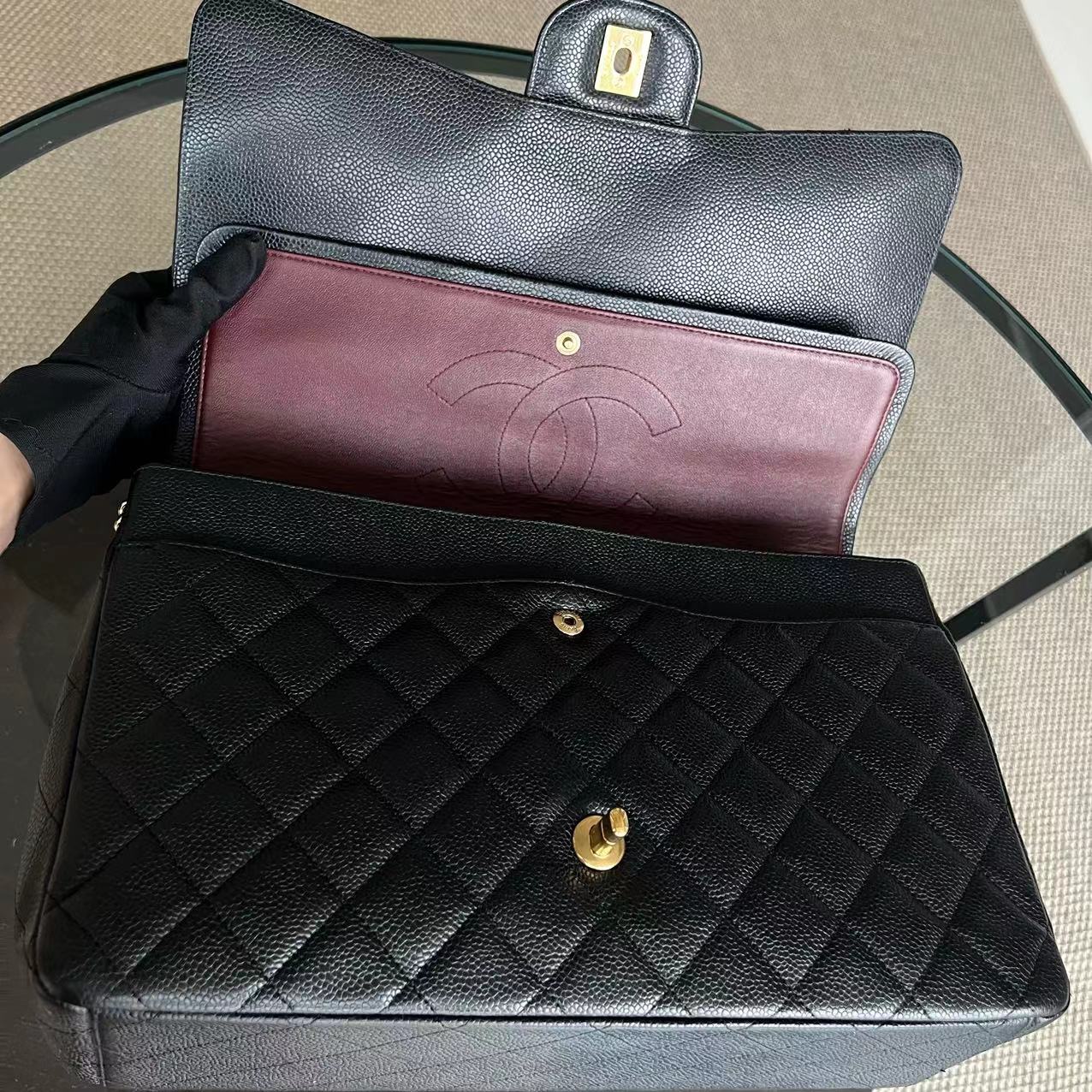 Caviar Maxi Double Flap Classic Flap Quilted Calfskin Black GHW No 14