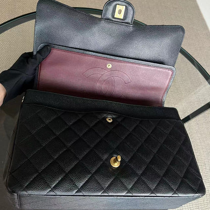Caviar Maxi Double Flap Classic Flap Quilted Calfskin Black GHW No 14