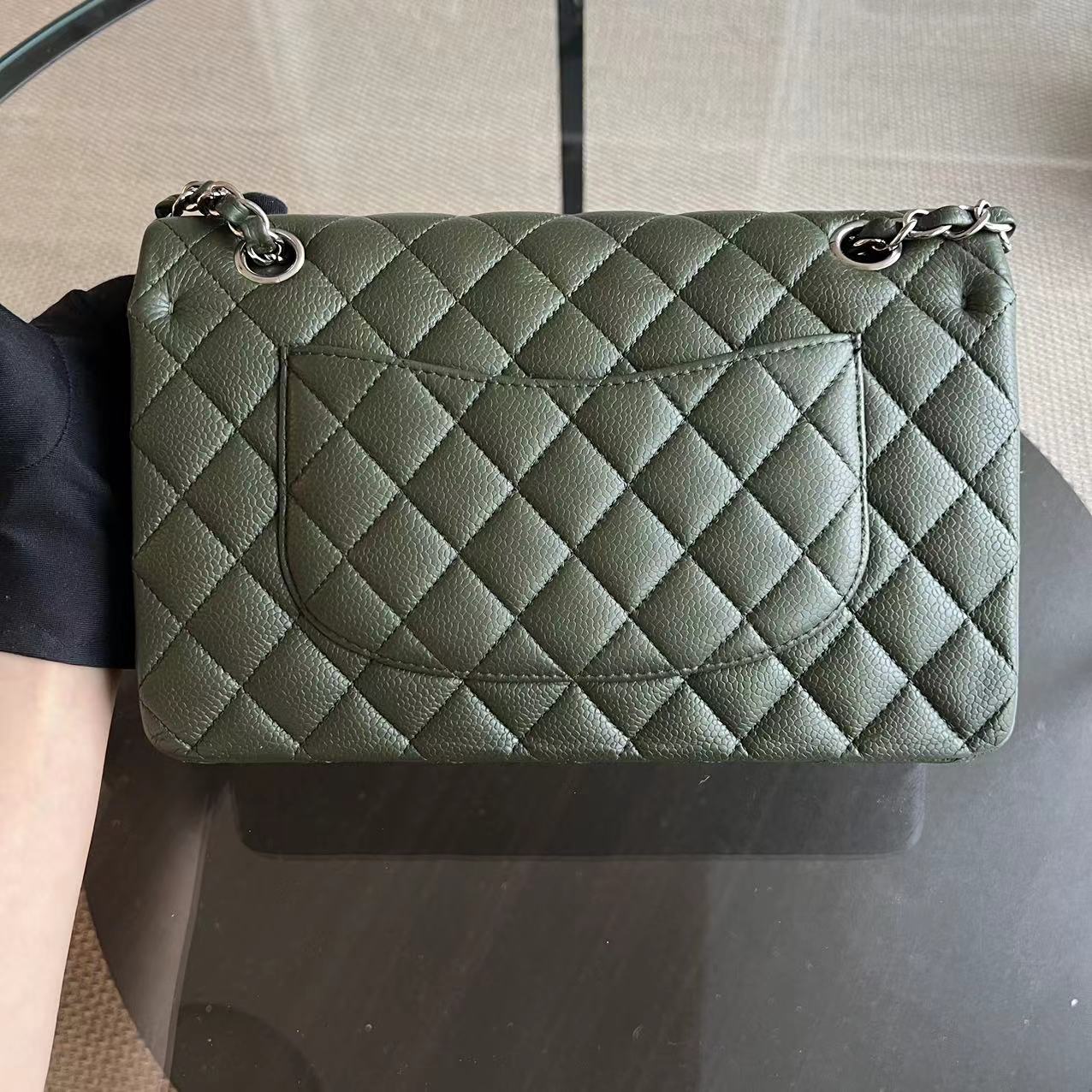 Caviar Double Flap 25CM Quilted Calfskin Green GHW No 14