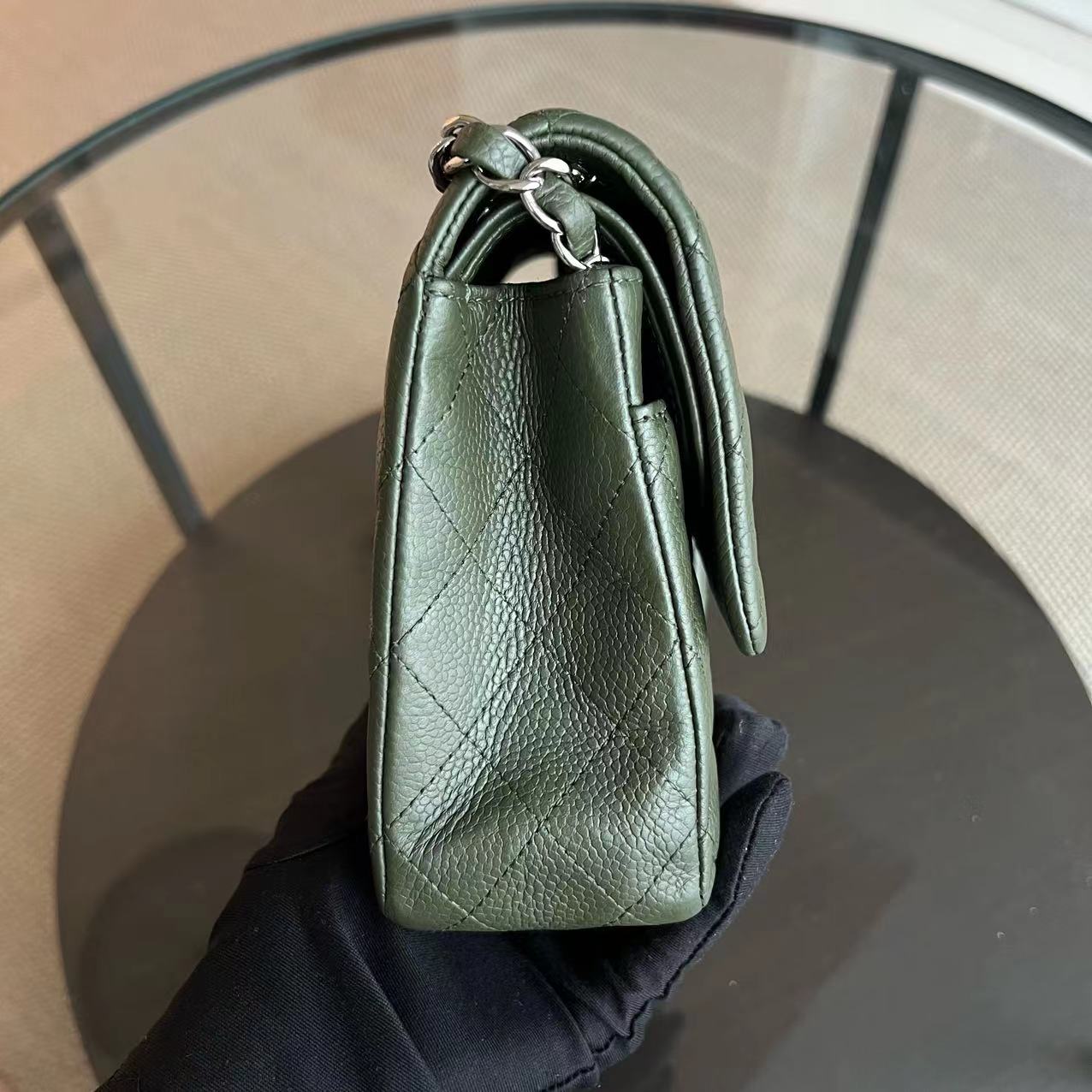 Caviar Double Flap 25CM Quilted Calfskin Green GHW No 14