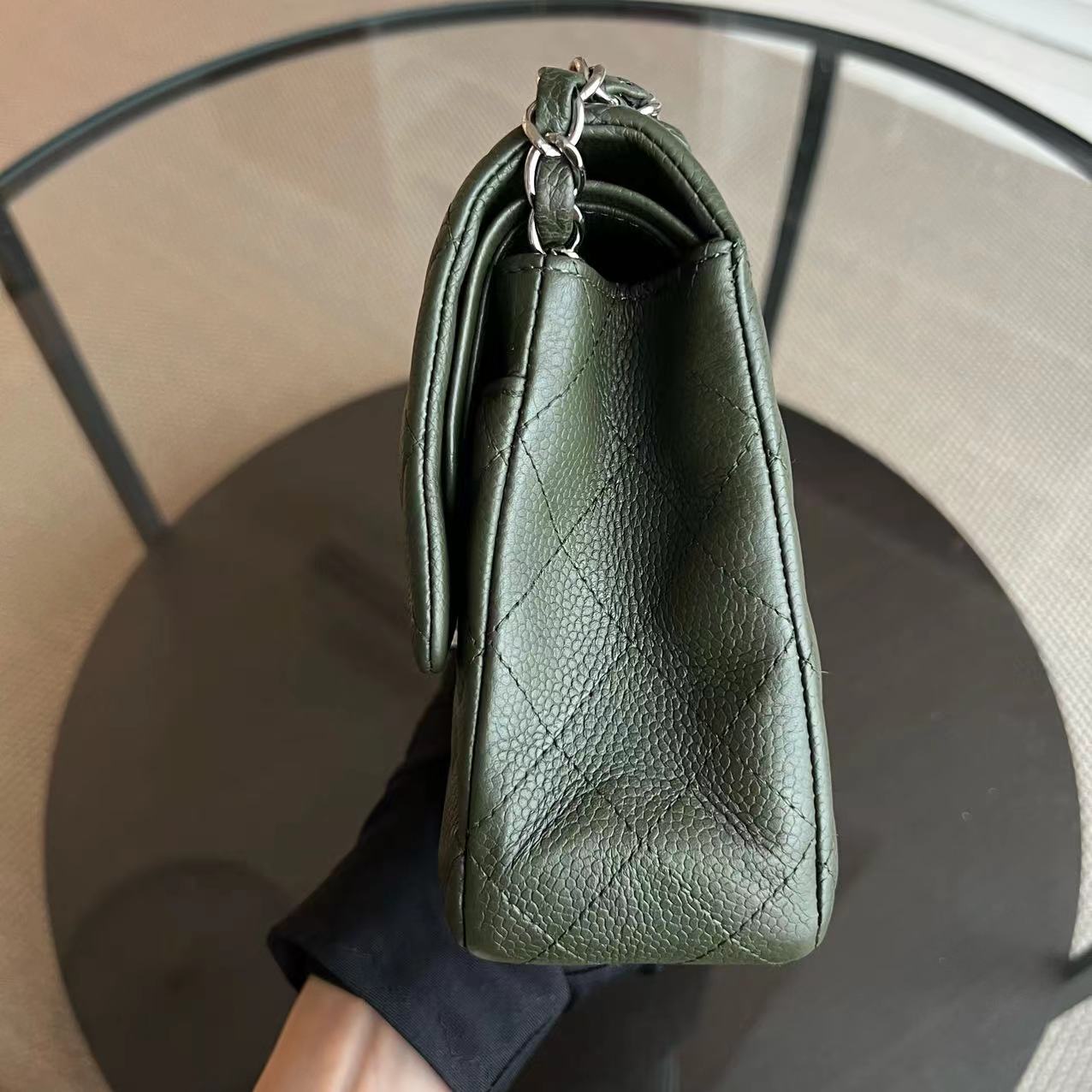 Caviar Double Flap 25CM Quilted Calfskin Green GHW No 14