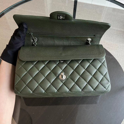 Caviar Double Flap 25CM Quilted Calfskin Green GHW No 14