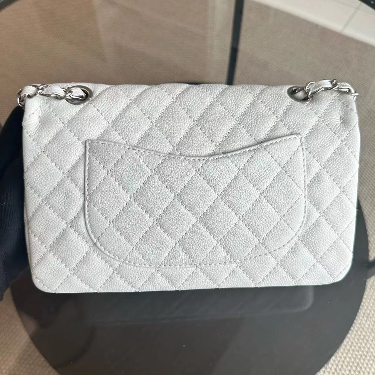 Caviar Double Flap 25CM Quilted Calfskin White SHW No 12