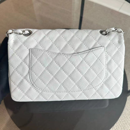 Caviar Double Flap 25CM Quilted Calfskin White SHW No 12