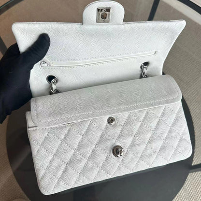 Caviar Double Flap 25CM Quilted Calfskin White SHW No 12