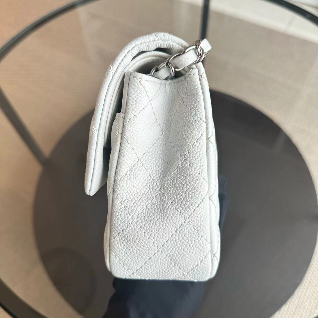 Caviar Double Flap 25CM Quilted Calfskin White SHW No 12