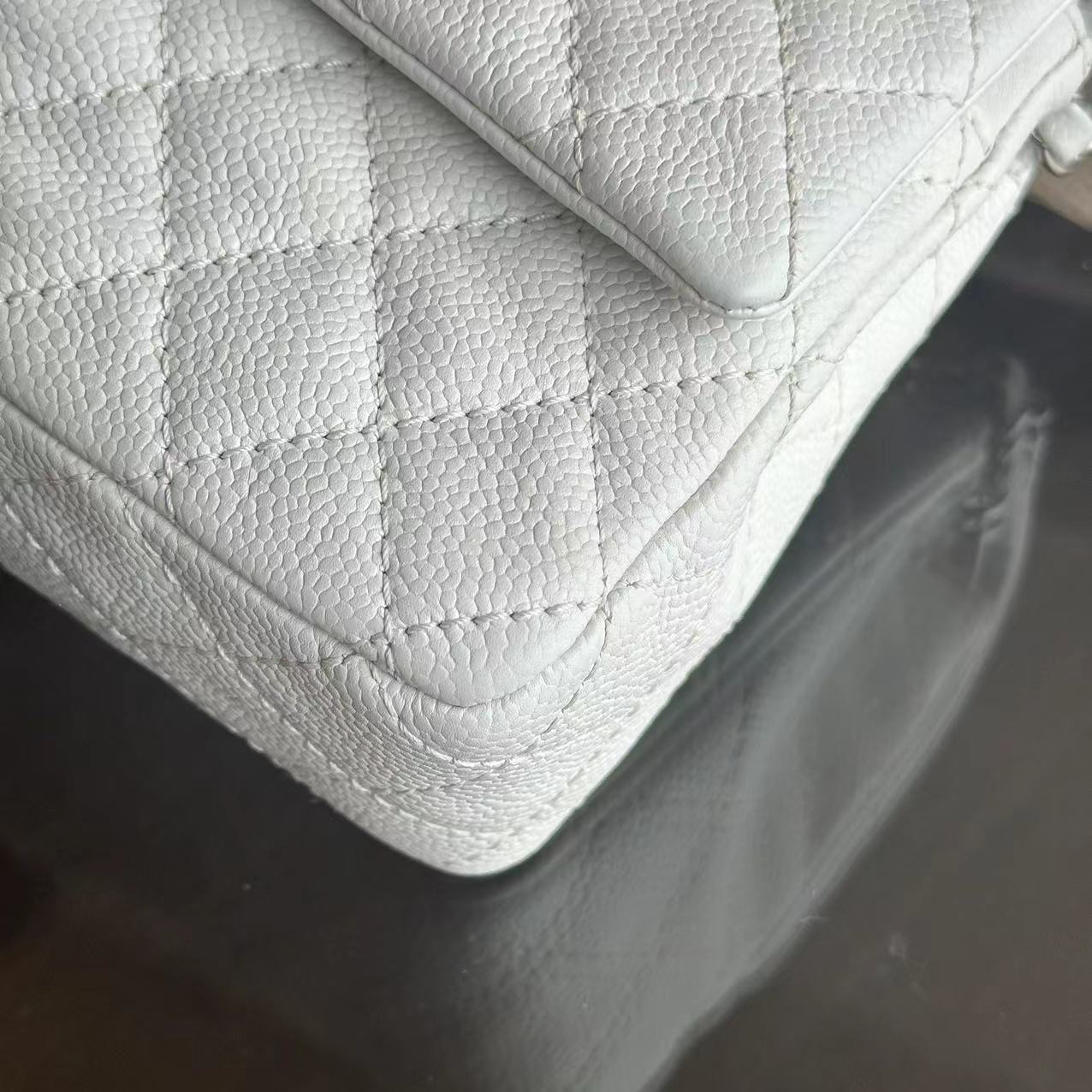 Caviar Double Flap 25CM Quilted Calfskin White SHW No 12