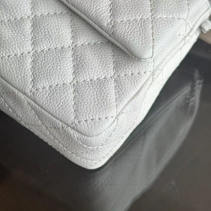 Caviar Double Flap 25CM Quilted Calfskin White SHW No 12